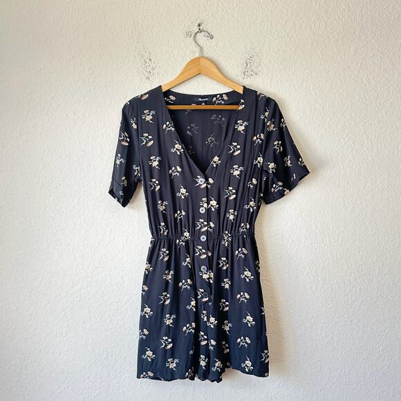 MADEWELL Button Front Day Romper Black Daisies V-Neck SS Boho Peasant - Picture 1 of 13